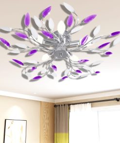 Plafoniera violet/albă brațe frunze cristal acrilic 5 becuri E14
