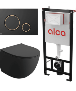Set vas wc suspendat Matilda Negru cu Rezervor WC Alcadrain AM101 Mat si Clapeta Negru cu Auriu
