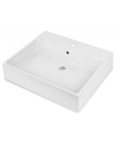Lavoar pe blat alb lucios 60 cm, dreptunghiular, orificiu pentru baterie, Deante Temisto