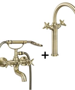 Set baterie cada bronz si baterie lavoar inalta cu ventil click-clack Deante, Temisto