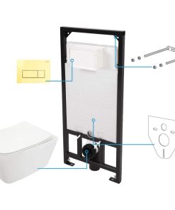 Set vas wc cu capac soft close, rezervor incastrat, clapeta de actionare aurie si izolare fonica Deante Hiacynt