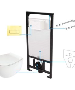 Set vas wc cu capac soft close, rezervor incastrat, clapeta de actionare aurie si izolare fonica Deante Silia