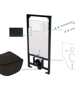 Set vas wc negru cu capac soft close, rezervor incastrat, clapeta de actionare si izolare fonica Deante Poenia