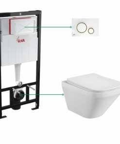 Set vas wc suspendat, clapeta alb si auriu, rezervor wc incastrat