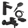 Set baterie lavoar, baterie cada si set de dus, negru mat, Hansgrohe Talis E