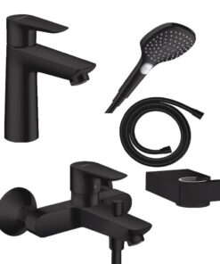 Set baterie lavoar, baterie cada si set de dus, negru mat, Hansgrohe Talis E
