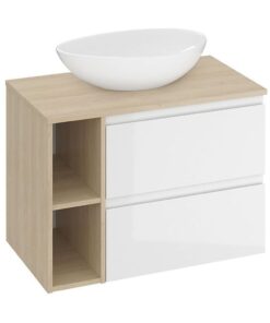 Set mobilier baie pentru lavoar, 2 sertare, blat inclus, polite prosop, alb-stejar, 80 cm, Cersanit Moduo