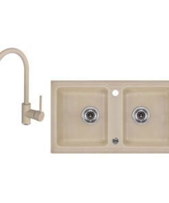 Chiuveta bucatarie compozit doua cuve si baterie nisip Deante, Zorba