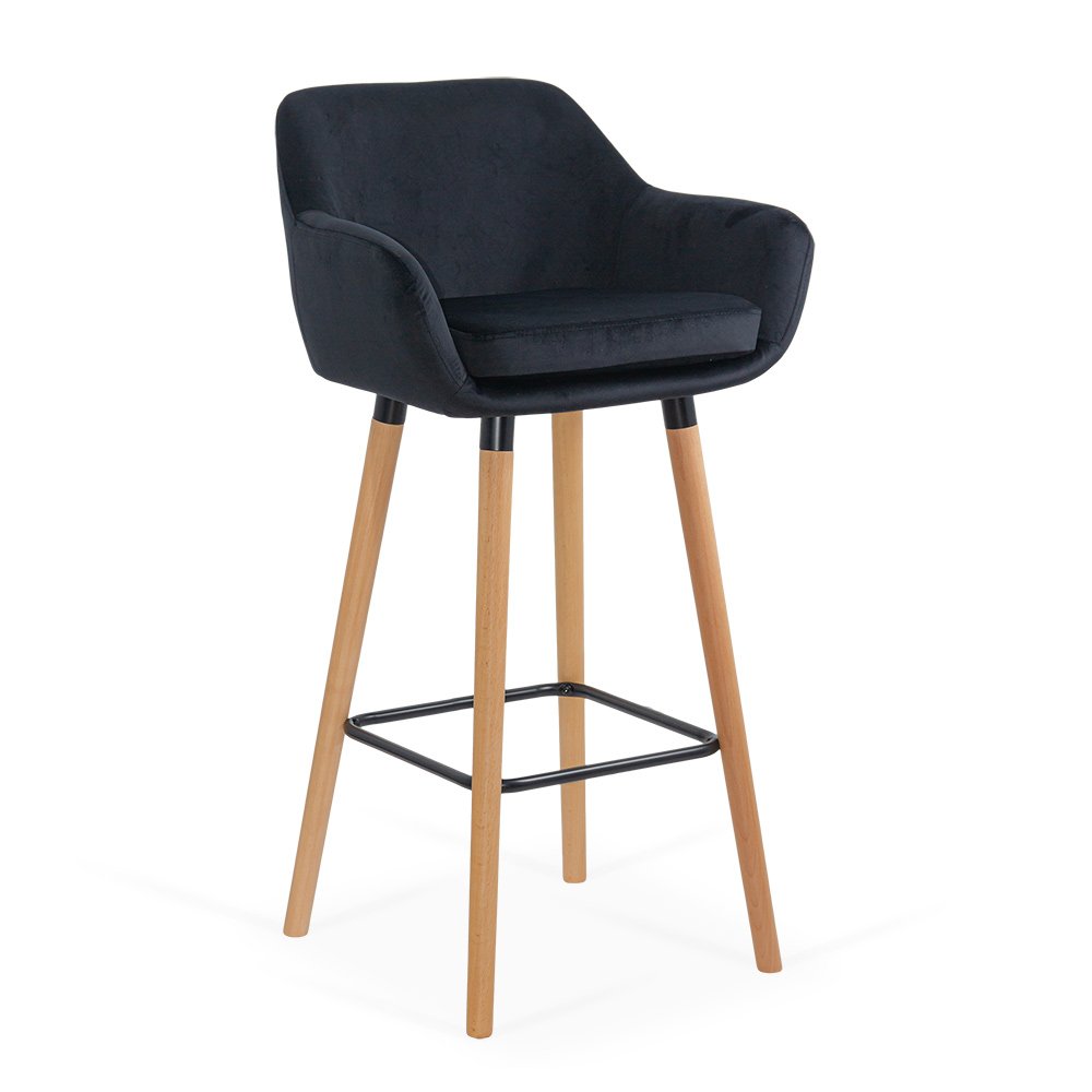 Scaun de bar negru din catifea cu picioare din lemn ABS 1271