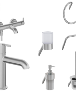Set baterie cada si baterie lavoar cu accesorii baie Deante Silia, otel slefuit
