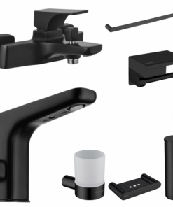 Set baterie cada si baterie lavoar cu senzor Deante Hiacynt cu accesorii baie Deante Round