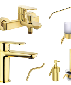 Set baterie cada si baterie lavoar Deante Alpinia cu accesorii baie Deante Silia, auriu