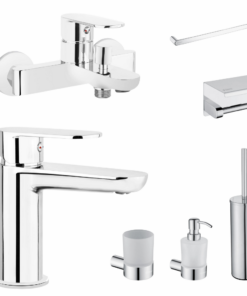 Set baterie cada si baterie lavoar Deante Alpinia cu accesorii baie Deante Round, crom