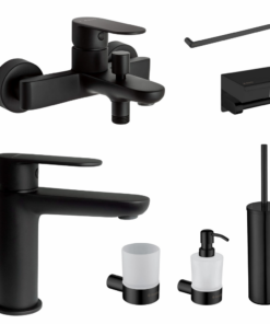 Set baterie cada si baterie lavoar Deante Alpinia cu accesorii baie Deante Round, negru