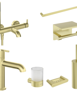 Set baterie cada si baterie lavoar Deante Silia cu accesorii baie Deante Round, auriu periat