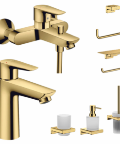 Set baterie cada si baterie lavoar Hansgrohe Talis cu accesorii baie Hansgrohe AddStoris, auriu lucios