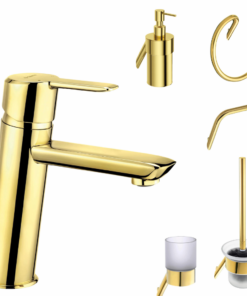 Set baterie lavoar Deante Arnika si accesorii baie Deante Silia, auriu lucios