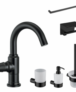 Set baterie lavoar Deante Temisto si accesorii baie Deante Round, negru mat