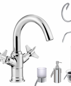 Set baterie lavoar Deante Temisto si accesorii baie Deante Silia, crom lucios
