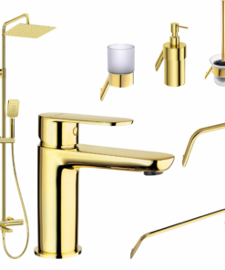 Set coloana de dus si baterie lavoar Deante Alpinia cu accesorii Deante Silia, auriu lucios