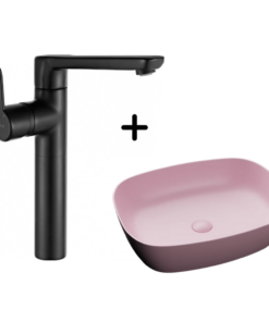 Set lavoar baie dreptunghiular roz, ventil inclus plus baterie neagra Arnika, Deante