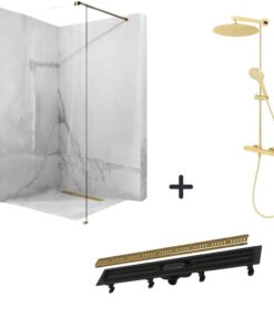 Set paravan dus walk-in 100x200 cm, rigola si coloana de dus cu baterie termostatata auriu lucios Anima