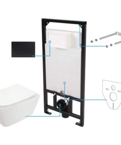 Set vas wc cu capac soft close, rezervor incastrat, clapeta de actionare neagra si izolare fonica Deante Hiacynt