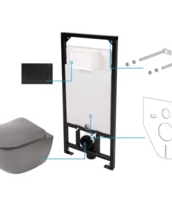 Set vas wc antracit cu capac soft close, rezervor incastrat, clapeta de actionare si izolare fonica Deante Poenia