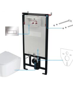 Set vas wc rimless cu capac soft close, rezervor incastrat, clapeta de actionare crom si izolare fonica Deante Jasmin