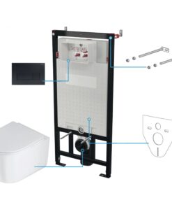 Set vas wc rimless cu capac soft close, rezervor incastrat, clapeta de actionare neagra si izolare fonica Deante Jasmin