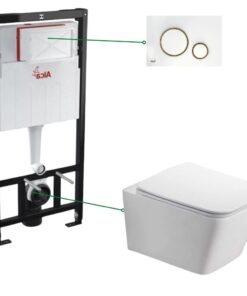 Set vas wc suspendat, clapeta alb lucios si auriu, cadru wc cu rezervor incastrat