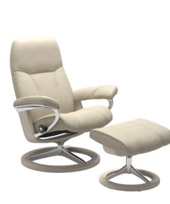 Fotoliu recliner cu taburet Stressless Consul Signature M cadru Whitewash tapiterie piele Batik Cream