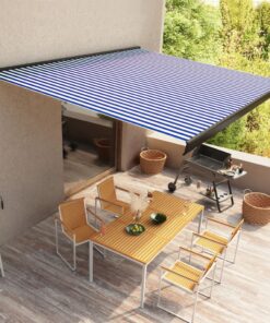 vidaXL Copertină manuală tip casetă, albastru și alb, 400 x 300 cm