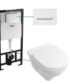 Set vas wc rimless cu capac soft close Villeroy Boch Novo, rezervor incastrat si clapeta alb mat crom lucios Alcadrain M1876-1