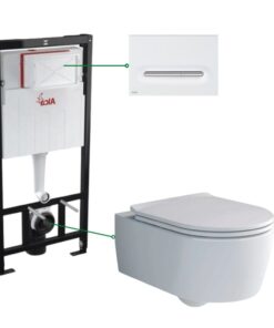 Set vas wc rimless cu capac soft close Villeroy Boch Soul, rezervor incastrat si clapeta alb mat crom lucios Alcadrain M1876-1