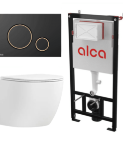Set vas wc suspendat Matilda Alb cu Rezervor WC Alcadrain AM101 Mat si Clapeta Negru cu Auriu